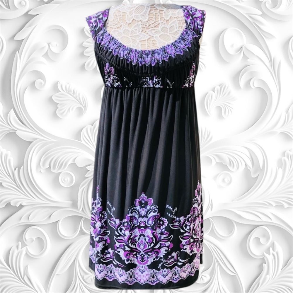 Muse Black Sleeveless Dress w/Purple Damask & Rouged Bust-line